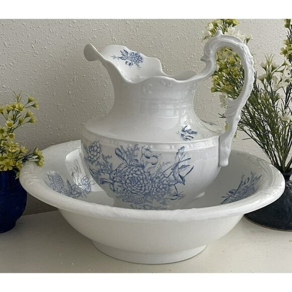 KERMIT N G Co Vintage Pitcher Basin White W Blue Transferware 1800s Romantic